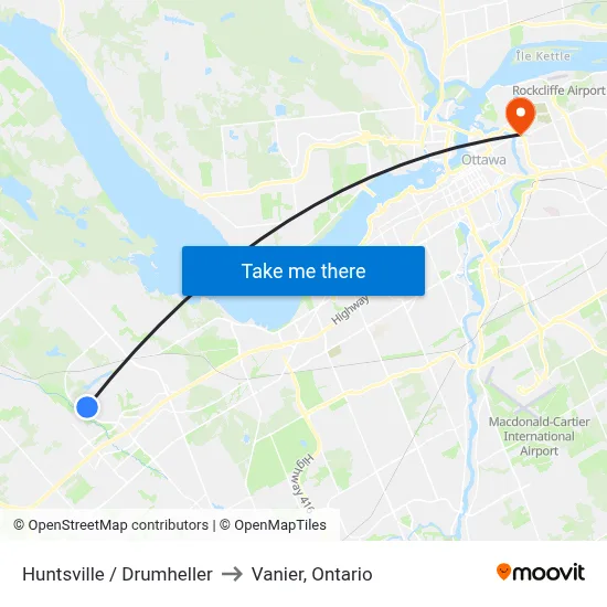 Huntsville / Drumheller to Vanier, Ontario map