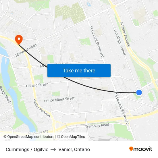 Cummings / Ogilvie to Vanier, Ontario map