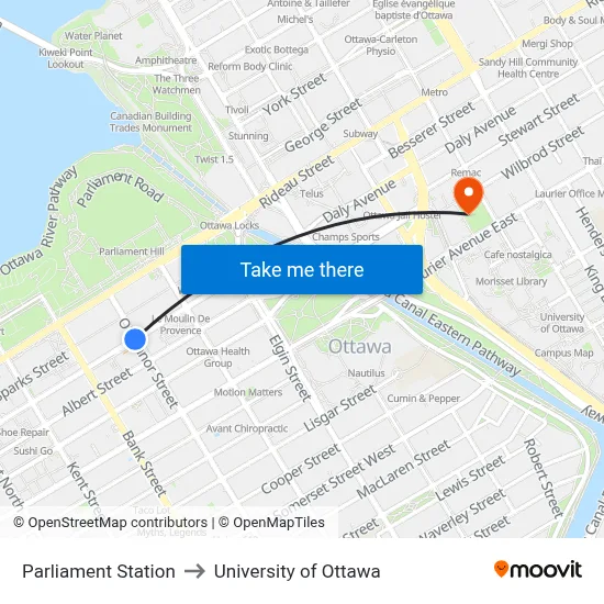 Parliament Station to University of Ottawa map