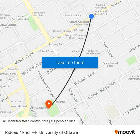 Rideau / Friel to University of Ottawa map