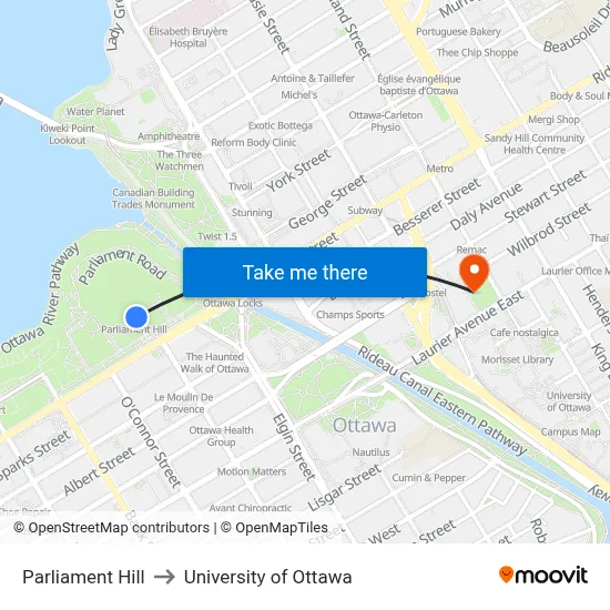 Parliament Hill to University of Ottawa map