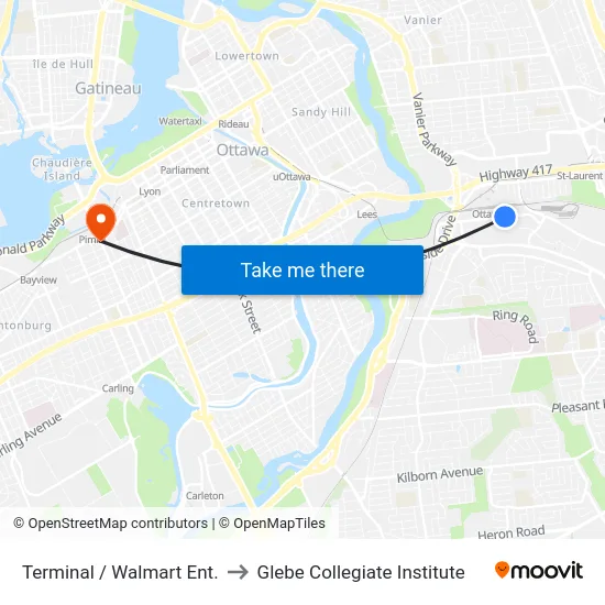 Terminal / Walmart Ent. to Glebe Collegiate Institute map