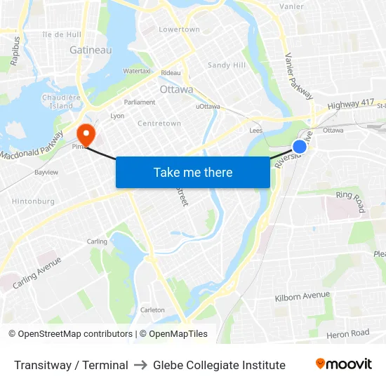 Transitway / Terminal to Glebe Collegiate Institute map