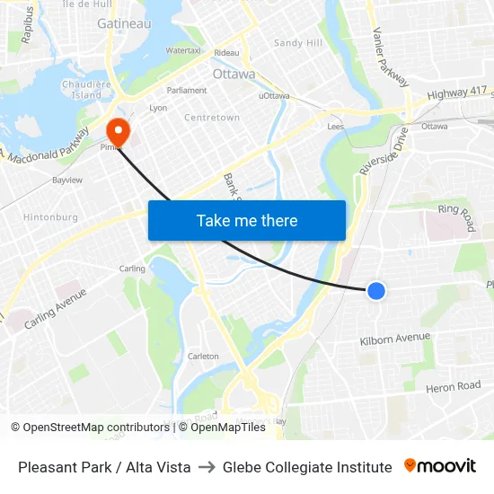 Pleasant Park / Alta Vista to Glebe Collegiate Institute map