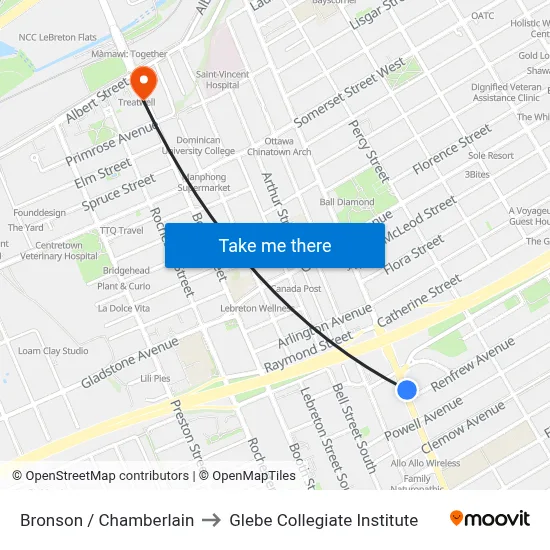 Bronson / Chamberlain to Glebe Collegiate Institute map