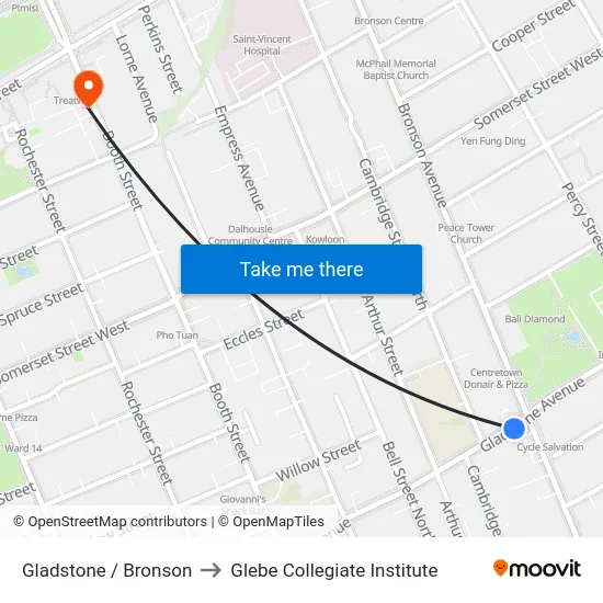 Gladstone / Bronson to Glebe Collegiate Institute map