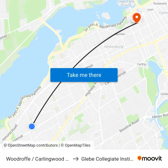 Woodroffe / Carlingwood Mall to Glebe Collegiate Institute map