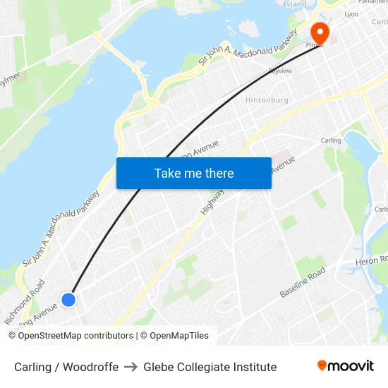 Carling / Woodroffe to Glebe Collegiate Institute map