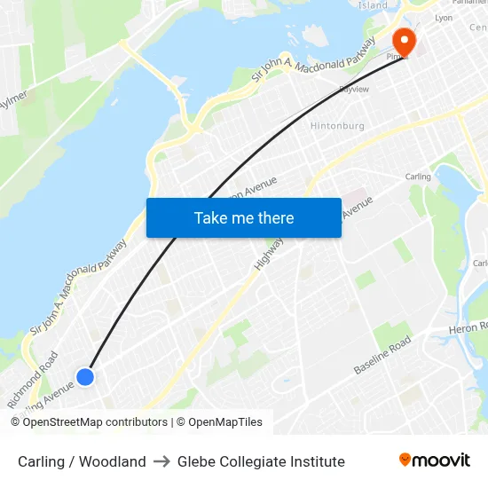 Carling / Woodland to Glebe Collegiate Institute map