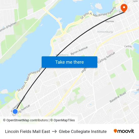 Lincoln Fields Mall East to Glebe Collegiate Institute map