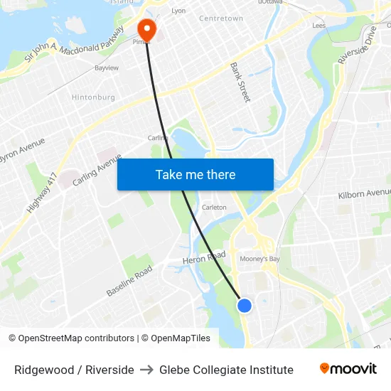 Ridgewood / Riverside to Glebe Collegiate Institute map