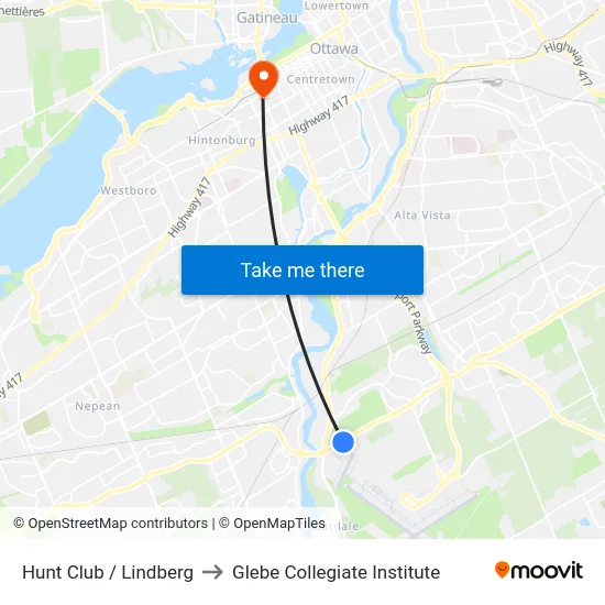 Hunt Club / Lindberg to Glebe Collegiate Institute map