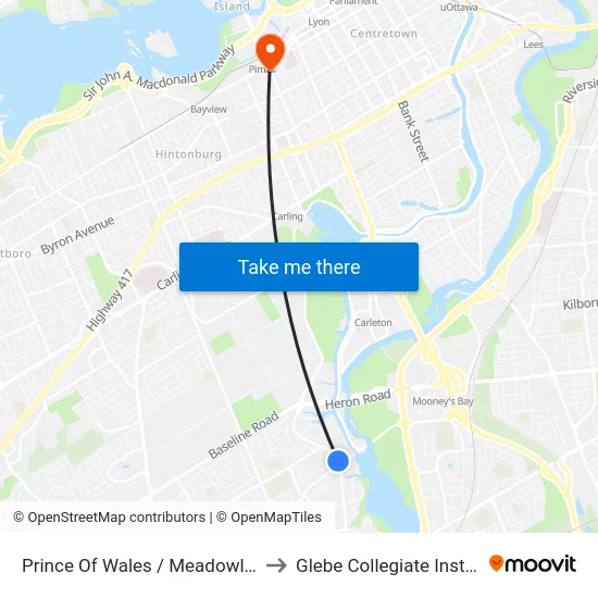 Prince Of Wales / Meadowlands to Glebe Collegiate Institute map