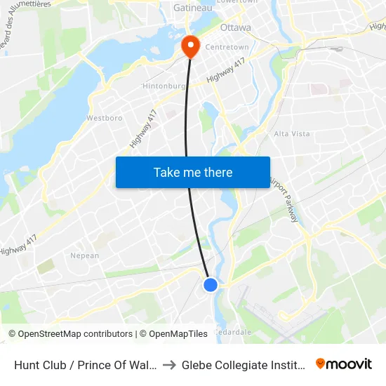 Hunt Club / Prince Of Wales to Glebe Collegiate Institute map