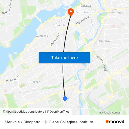 Merivale / Cleopatra to Glebe Collegiate Institute map
