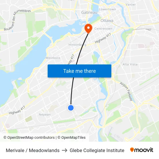 Merivale / Meadowlands to Glebe Collegiate Institute map