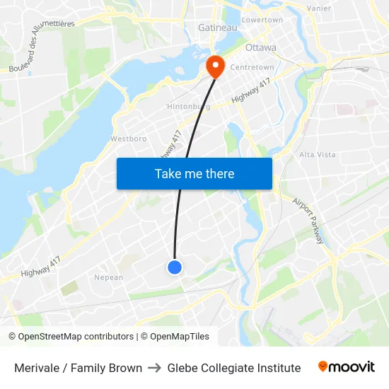 Merivale / Family Brown to Glebe Collegiate Institute map