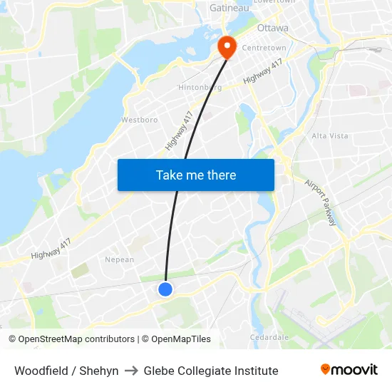 Woodfield / Shehyn to Glebe Collegiate Institute map