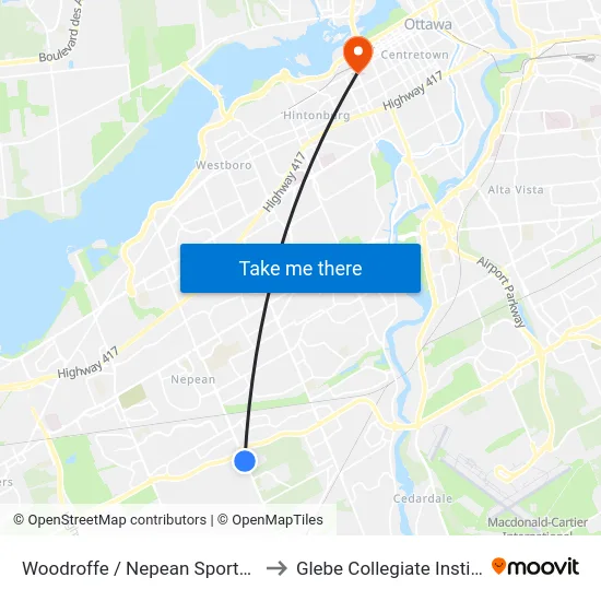 Woodroffe / Nepean Sportsplex to Glebe Collegiate Institute map