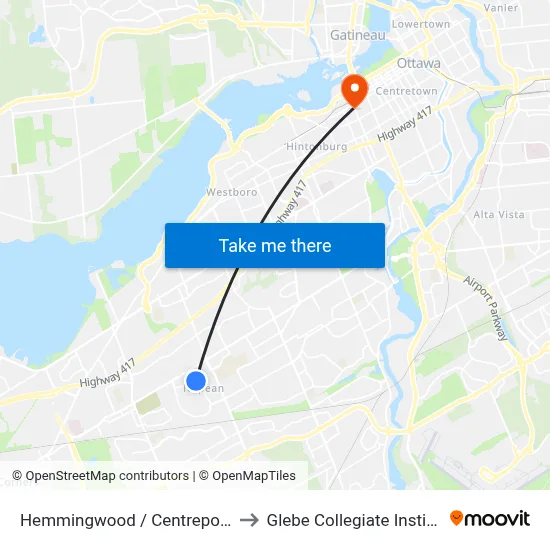 Hemmingwood / Centrepointe to Glebe Collegiate Institute map