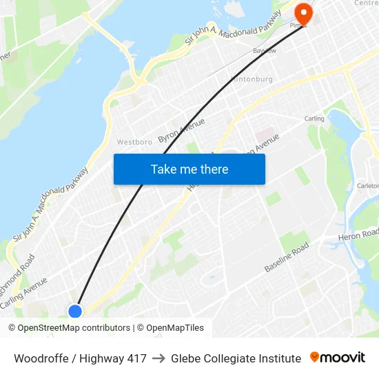 Woodroffe / Highway 417 to Glebe Collegiate Institute map