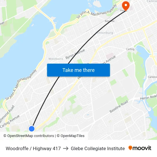 Woodroffe / Highway 417 to Glebe Collegiate Institute map