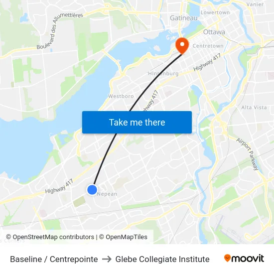 Baseline / Centrepointe to Glebe Collegiate Institute map