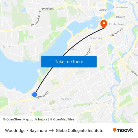 Woodridge / Bayshore to Glebe Collegiate Institute map