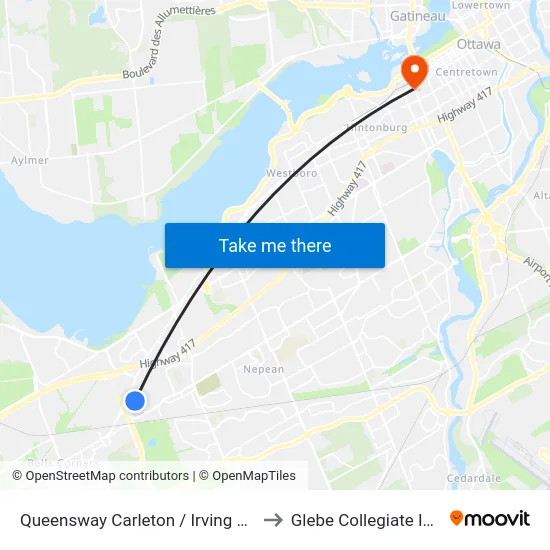 Queensway Carleton / Irving Greenberg to Glebe Collegiate Institute map