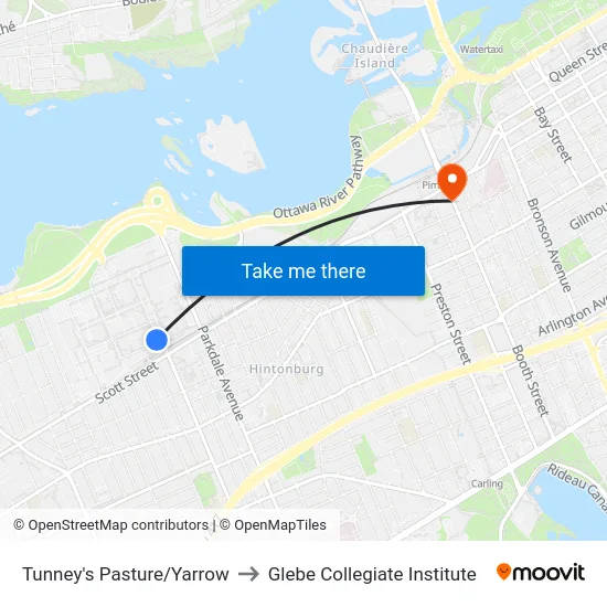 Tunney's Pasture/Yarrow to Glebe Collegiate Institute map