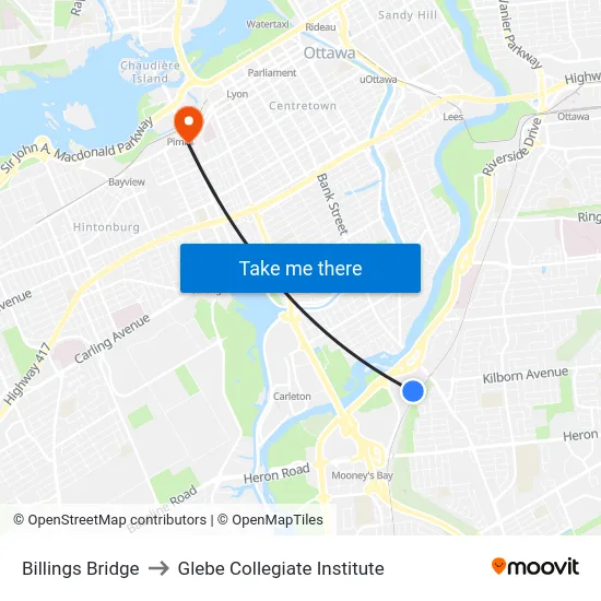 Billings Bridge to Glebe Collegiate Institute map