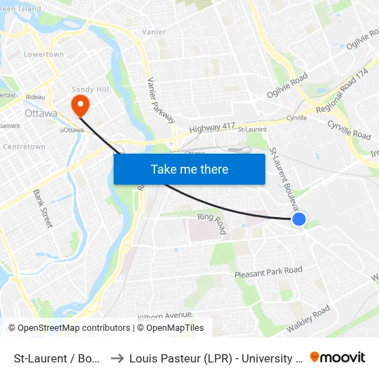 St-Laurent / Bourassa to Louis Pasteur (LPR) - University of Ottawa map