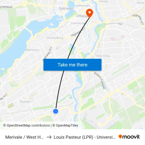 Merivale / West Hunt Club to Louis Pasteur (LPR) - University of Ottawa map