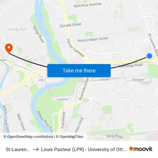 St-Laurent A to Louis Pasteur (LPR) - University of Ottawa map