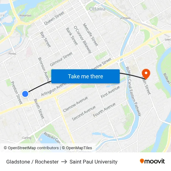 Gladstone / Rochester to Saint Paul University map
