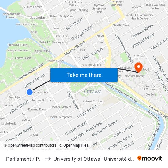 Parliament / Parlement to University of Ottawa | Université d'Ottawa - uOttawa map