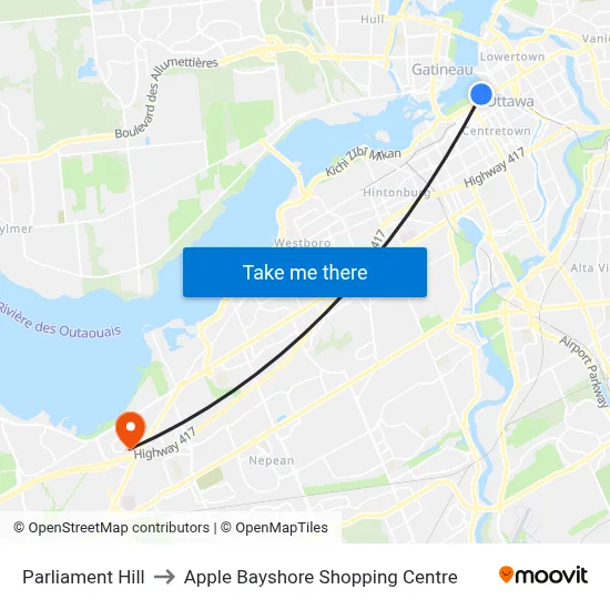 Parliament Hill to Apple Bayshore Shopping Centre map