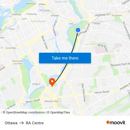 Ottawa to RA Centre map