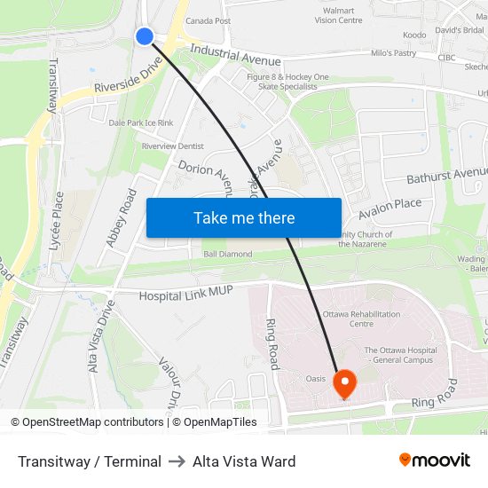 Transitway / Terminal to Alta Vista Ward map