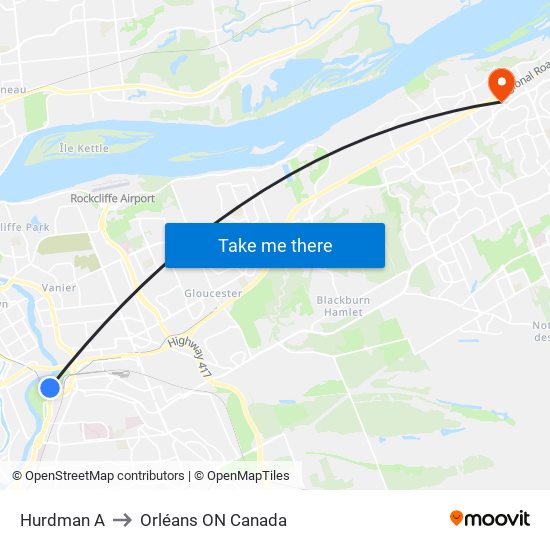 Hurdman A to Orléans ON Canada map