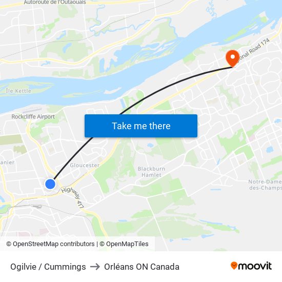 Ogilvie / Cummings to Orléans ON Canada map