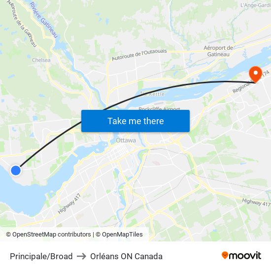 Principale/Broad to Orléans ON Canada map