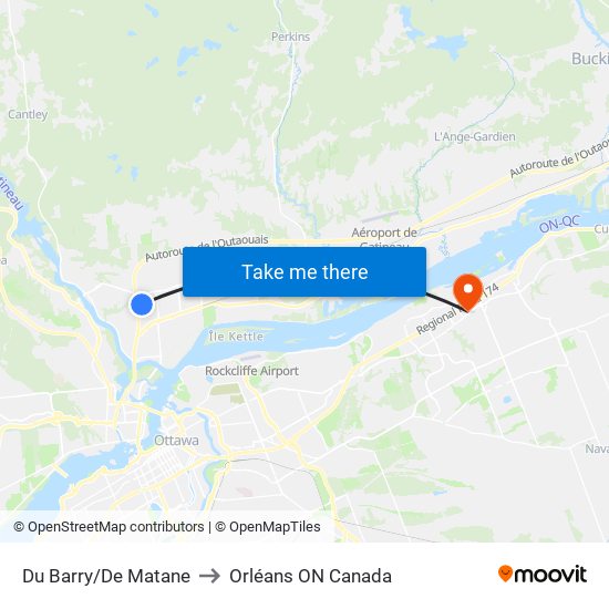 Du Barry/De Matane to Orléans ON Canada map