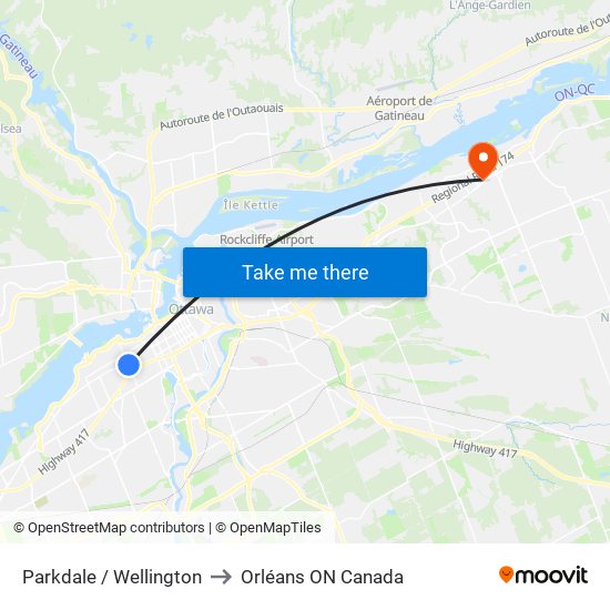 Parkdale / Wellington to Orléans ON Canada map