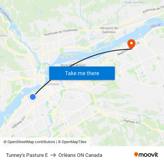 Tunney's Pasture E to Orléans ON Canada map