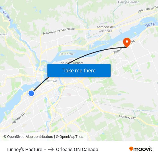 Tunney's Pasture F to Orléans ON Canada map