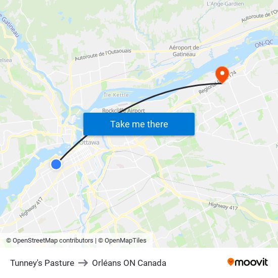 Tunney's Pasture to Orléans ON Canada map