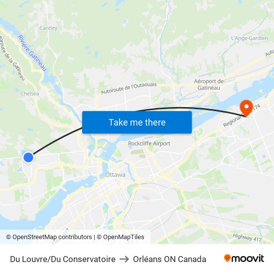 Du Louvre/Du Conservatoire to Orléans ON Canada map