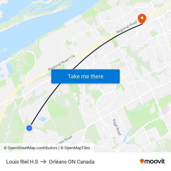 Louis Riel H.S to Orléans ON Canada map