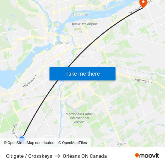 Citigate / Crosskeys to Orléans ON Canada map